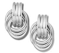 Geometric Dangle Drop Earrings, Silver Statement Geometric, Chunky Knot Dangle Earrings, Vintage Metal French Style Earrings, Minimalist Dainty Jewelry for Her