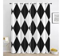 Geometric Diamond Blackout Curtains for Bedroom, Minimalist Plaid Curtain 90 Inch Drop 2 Panels, Modern Black White Curtain for Living Room, Window Curtains with Eyelet Km106