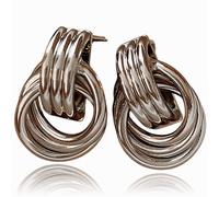 Geometric Drop Dangle Earrings, Chunky Silvery Statement Earrings Twisted Link Circular Hoop Drop Earrings Trendy Vintage Metal French Style Earrings Jewellery Gift