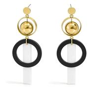 Geometric Drop Earrings for Women, Gold/Silver Metal Aolly with Black Acrylic Circle & White Acrylic Bar Dangle Earrings, Hypoallergenic Statement Jewelry, L, Metal Acrylic, No Gemstone