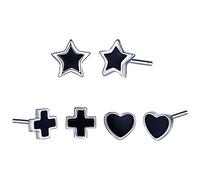 Geometric Earrings Set 925 Sterling Silver Black Heart Star Cross Stud Earring 3 Pair