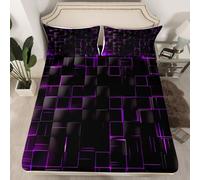 Geometric Fitted Sheet Single Size, Abstract Square Grid Print Bedding Set 2pcs for Kids Boys Girls Adults, Purple and Black Bed Cover with 1 Pillowcase, Soft Polyester Bedding