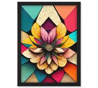Geometric Floral Mandala Bright Multicoloured Shapes Artwork Framed Wall Art Print A4 Artery8 Black One Size