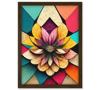 Geometric Floral Mandala Bright Multicoloured Shapes Artwork Framed Wall Art Print A4 Artery8 Brown One Size