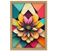 Geometric Floral Mandala Bright Multicoloured Shapes Artwork Framed Wall Art Print A4 Artery8 Light Oak One Size