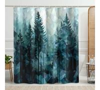 Geometric Forest Shower Curtain, Teal Tree Shower Curtain for Bathroom Décor, Modern Nature Inspired Waterproof Fabric Shower Curtain Set with Hooks 72x78 Inch