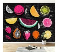 Geometric Fruits Strawberry Watermelon Modern Panoramic Wall Mural, Black High-Resolution Non-Woven Wallpaper 300W x 210H cm - Oversized 3D Visual Art Poster for Kids Room, Bedroom & Corridor