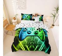 Geometric Gamepad Duvet Cover King Size,Modern Gamer Comforter Cover with 2 Pillowcase for Teens Adults,Kids Blue Green Neon Bedding Set,Video Games Breathable 3 Pieces Decorative Bed Cover