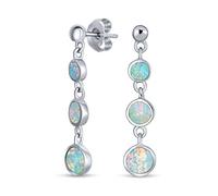 Geometric Gemstone 3 Bezel Round Disc Linear White Circle Opal Dangle Earrings For Women Teens .925 Sterling Silver