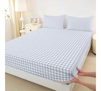 Geometric Gingham Plaid Kids Double Size Fitted Sheet,Buffalo Check Grid Patchwork Room Decor,Abstract Modern Artwork Boys Girls Bed Sheet,Blue Grey White Bedding Set,2 Pillowcases(No Flat)