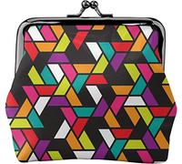 Geometric Grid Color Pattern Women's Leather Coin Purse, Small Change Pouch with Kiss-Lock Clasp Closure Buckle Wallet for Girl Gift