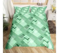 Geometric Grid King Duvet Cover Modern Square Bedding Set for Kids Girls Women, Buffalo Check Duvet Cover Set, Green White Bed Set, Reversible, 2 Pillowcases