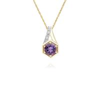 Geometric Hexagon Round Amethyst & Diamond Pendant Necklace in 9ct Yellow Gold