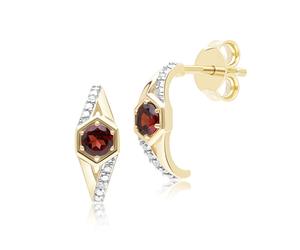Geometric Hexagon Round Garnet & Diamond Half Hoop Earrings in 9ct Yellow Gold