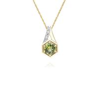 Geometric Hexagon Round Peridot and Diamond Pendant Necklace in 9ct Yellow Gold