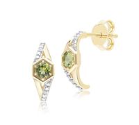 Geometric Hexagon Round Peridot & Diamond Half Hoop Earrings in 9ct Yellow Gold