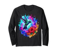 Geometric Hummingbird and Tropical Flowers Watercolor Splash Long Sleeve T-Shirt