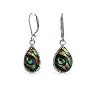 Geometric Iridescent Rainbow Natural Abalone Shell Natural Bezel Set Rain Drop Teardrop Dangle Earrings For Women Teen .925 Sterling Silver Lever Back