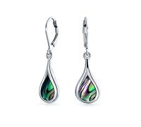 Geometric Iridescent Rainbow Natural Abalone Shell Natural Medium Rain Drop Teardrop Dangle Earrings For Women Teen .925 Sterling Silver Lever Back