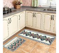 Geometric Kitchen Mats for Floor, Retro Zigzag and Tribal Soft Mats, All Season Cushioned Washable Decor Rugs for Kitchen Sinks Bathroom 2pcs