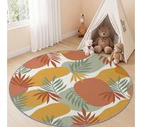 Geometric Leaf Round Rug 100 cm Washable Non-Slip Carpet Area Mat | Circle Rug in Terracotta Orange with Bohemian Plant Motif Anti-skid Base, Ideal for Children's Room Reading Nook or Lounge