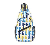 Geometric Life Word Yellow Blue Letters Chest Bag Breathable Shoulder Bag Lightweight Daypack For Casual Camping Runner