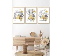 Geometric Line Art Yellow Elephant Tree Set Framed Wall Art - Large ARTZE Light Oak W53cm x H73cm x D20mm