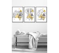 Geometric Line Art Yellow Elephant Tree Set Framed Wall Art - Medium ARTZE Dark Grey W45cm x H62cm x D20mm