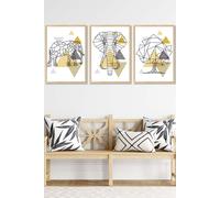 Geometric Line Art Yellow Elephant Tree Set Framed Wall Art - Medium ARTZE Light Oak W45cm x H62cm x D20mm