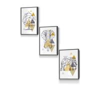 Geometric Line Art Yellow Elephant Tree Set Framed Wall Art - Small ARTZE Dark Grey W33cm x H45cm x D20mm