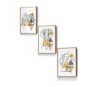 Geometric Line Art Yellow Elephant Tree Set Framed Wall Art - Small ARTZE Light Oak W33cm x H45cm x D20mm