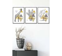 Geometric Line Art Yellow Giraffe Tree Set Framed Wall Art - Medium ARTZE Dark Grey W45cm x H62cm x D20mm