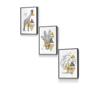 Geometric Line Art Yellow Giraffe Tree Set Framed Wall Art - Small ARTZE Dark Grey W33cm x H45cm x D20mm