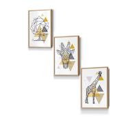 Geometric Line Art Yellow Giraffe Tree Set Framed Wall Art - Small ARTZE Light Oak W33cm x H45cm x D20mm
