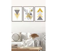 Geometric Line Art Yellow Stag Head Triangles Framed Wall Art - Large ARTZE Walnut W53cm x H73cm x D20mm