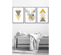 Geometric Line Art Yellow Stag Head Triangles Framed Wall Art - Medium ARTZE Dark Grey W45cm x H62cm x D20mm