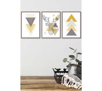 Geometric Line Art Yellow Stag Head Triangles Framed Wall Art - Medium ARTZE Walnut W45cm x H62cm x D20mm