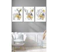 Geometric Line Art Yellow Stags Tree Set Framed Wall Art - Large ARTZE White W53cm x H73cm x D20mm