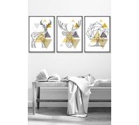 Geometric Line Art Yellow Stags Tree Set Framed Wall Art - Medium ARTZE Dark Grey W45cm x H62cm x D20mm