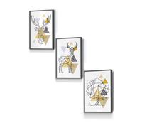 Geometric Line Art Yellow Stags Tree Set Framed Wall Art - Small ARTZE Dark Grey W33cm x H45cm x D20mm