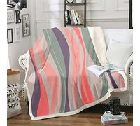 Geometric Line Pattern Sherpa Blanket Vintage Retro Vibrant Stripes Funky Lines Fleece Throw Blanket Peach Pink Dark Green Fuzzy Blanket for Sofa Bed,Double 60x79 Inch