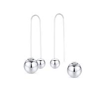 Geometric Linear Long Thin Ear Wire Staggered Drop Ear .925 Sterling Silver Double Bead Ball Threader Earrings For Women Teen 8,12 MM Bead