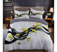 Geometric Lines Cover Set 290x235 cm Plant leaves Ginkgo biloba Microfibre Quilt Cover with 2 Pillowcases 50x75 cm and Zipper Closure, Easy Care Soft Bedding Set