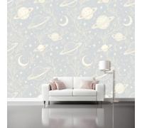 Geometric Lines Stars Printed Wallpaper for Bedroom250 x 175 cm | Planets Vines Crescent Moon Cartoon Durable and Tear-resistant Non-woven Wall Mural suitable for living rooms and offices