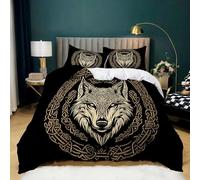 Geometric Lines Wolf Duvet Cover Set Super King Size, Viking Style Print Bedding 3Pcs with 2 Pillowcases, Microfiber Comfortable Breathable Quilt Cover 260x220 cm for Kids Boys Girls Adults
