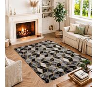 Geometric Marble Print Diamond Modern Area Rug 4' X 6' | Marble Stone Texture, Gold Line Accents, Modern Luxury Style, Neutral Color Palette, High-contrast Design
