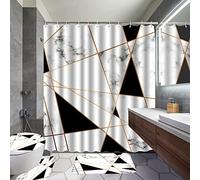 Geometric Marble Shower Curtain Set 4Pcs White and Black Grid Curtain Shower Set Gold Stripe Waterproof Bathroom Curtain Standard Size with Non-Slip Rugs,Toilet Lid Cover and Bath Mat with Hook