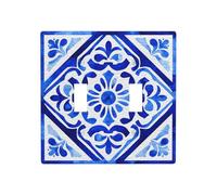 Geometric Mediterranean Blue and White Decorative Square Tile Double Gang Toggle Light Cover Wall Plate Switch Decor Standard Size - 11.4x11.4cm