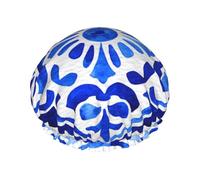 Geometric Mediterranean Blue And White Decorative Square Tile Prints Shower Cap Double Layer Lined Waterproof Bathing Shower Hat