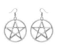 Geometric Metal Circle Pentagram Dangle Earrings Gold Silver Big Star Hexagram Earrings Personality Large Pentacle Earrings Jewelry for Women (Silver)